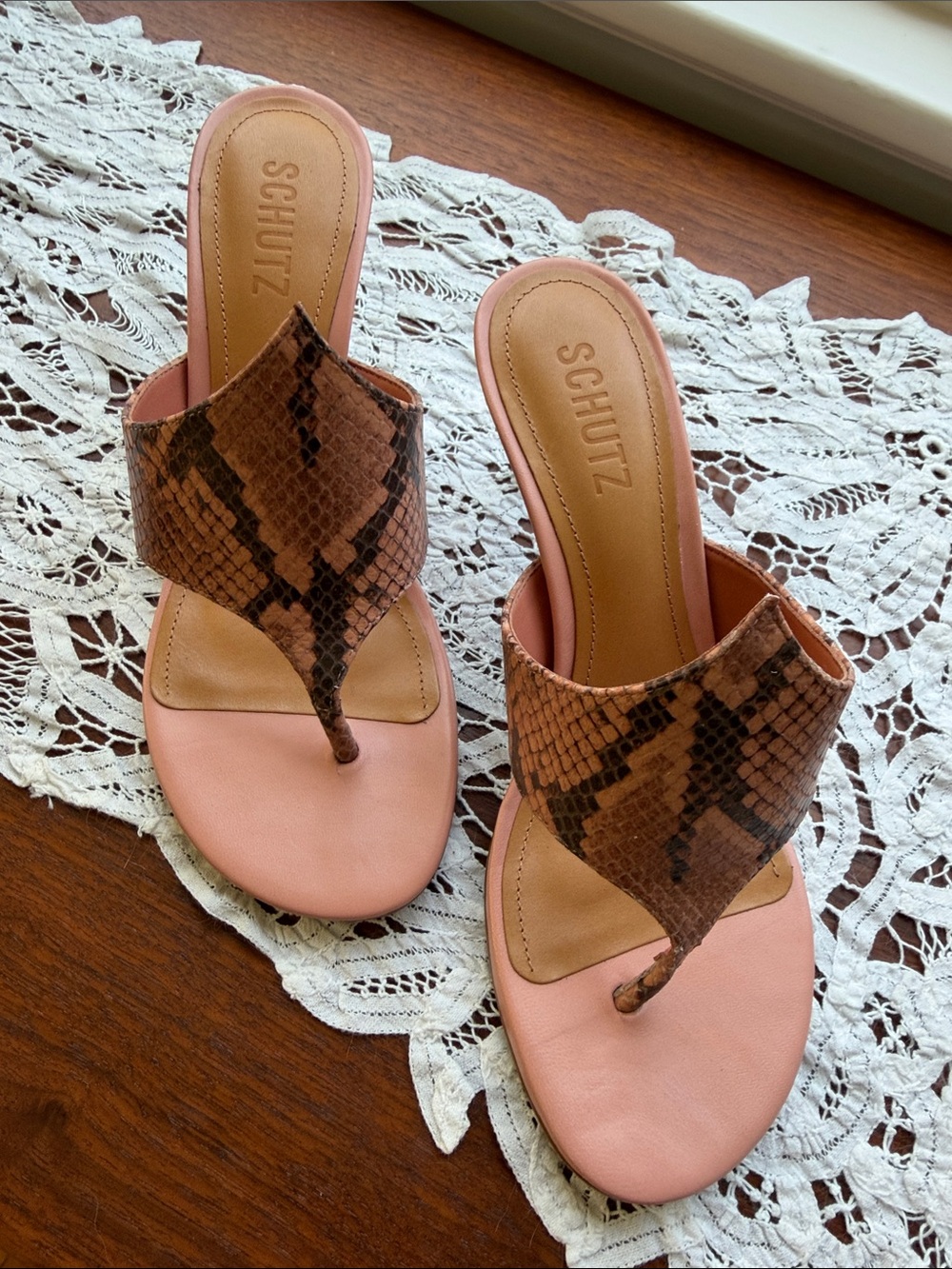 SCHUTZ Wild Skin Smokey Blush Snake-Print Toe-Post Sandals with Brown Accents